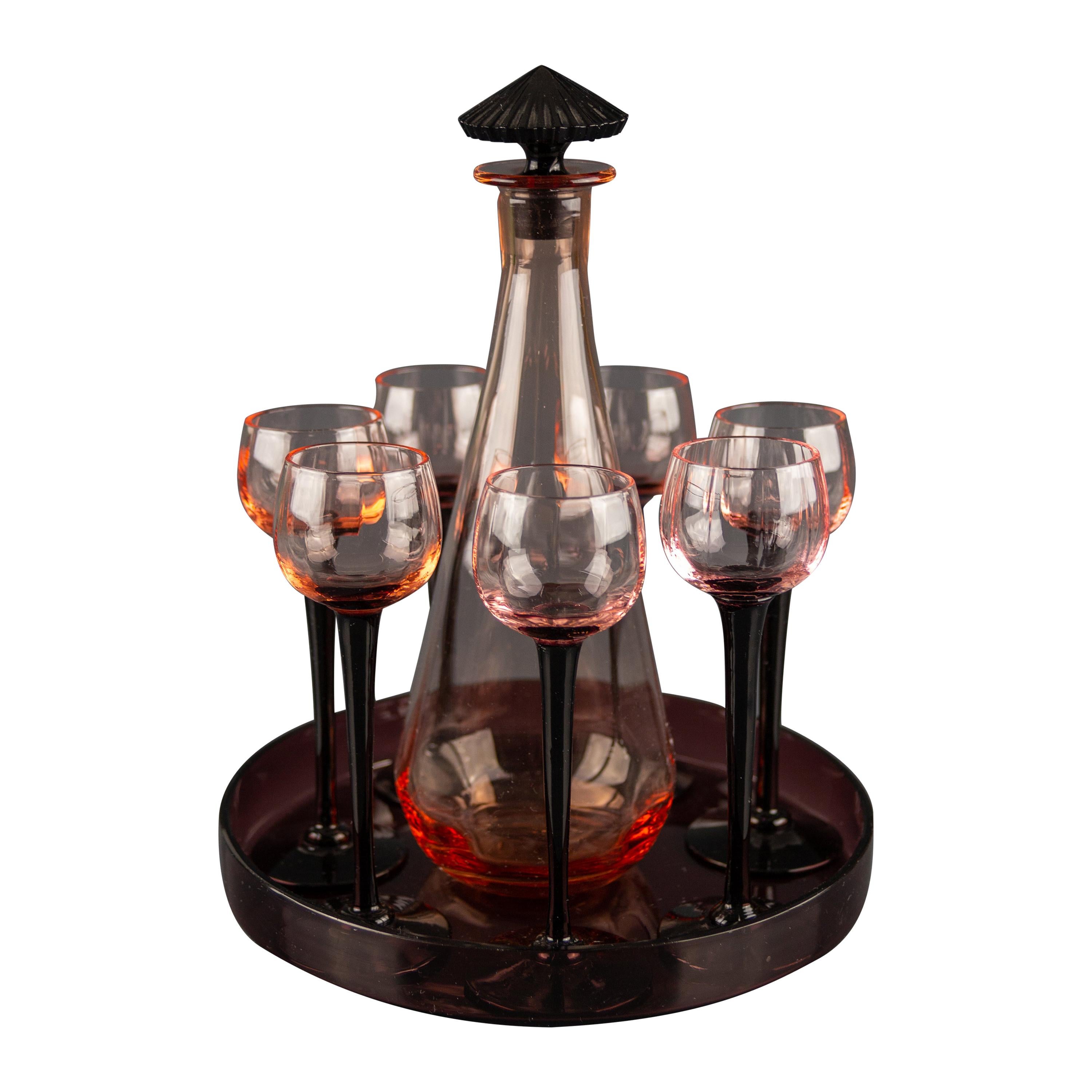 Art Deco Nine-Piece Liqueur Pink Glass Set, Decanter and Seven Glasses with Tray
