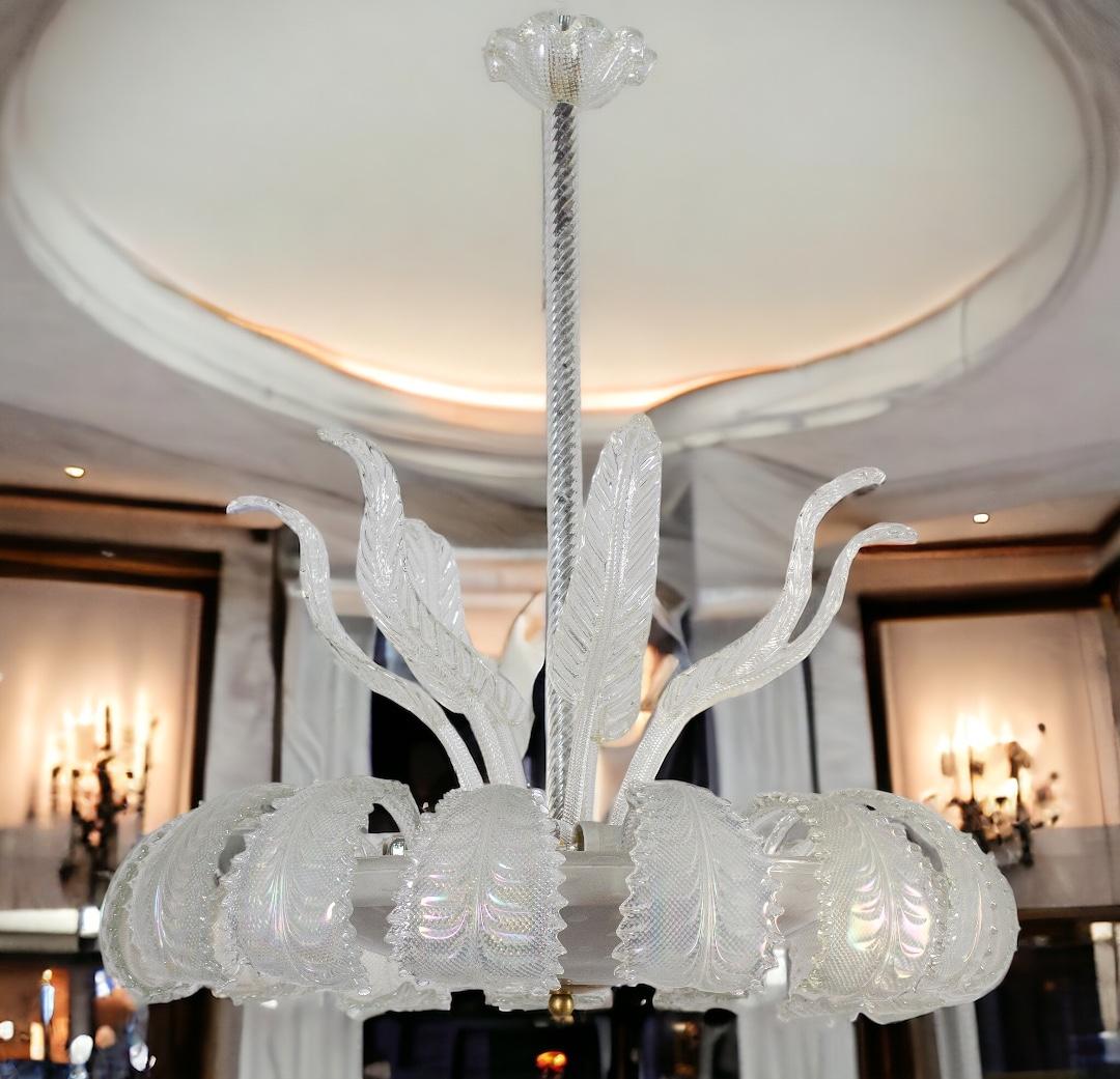 Mid-20th Century Art Deco Ninfea Iridescent Murano Glass Chandelier by Barovier Italy, 1940 For Sale