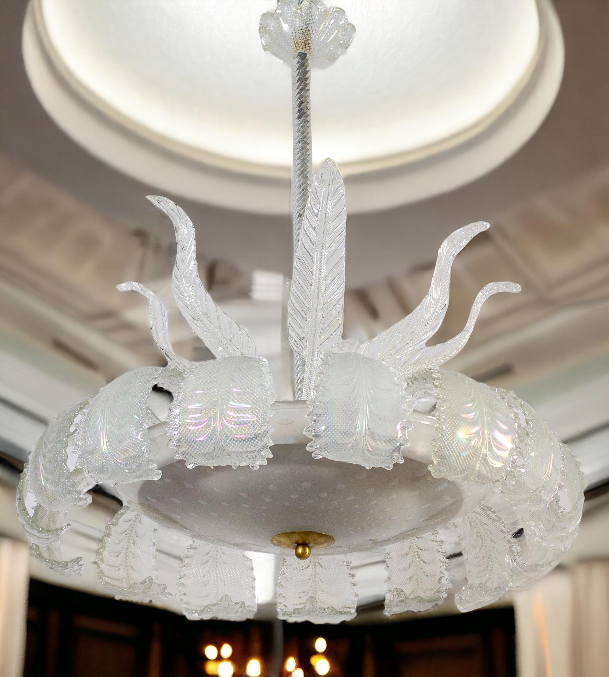 Blown Glass Art Deco Ninfea Iridescent Murano Glass Chandelier by Barovier Italy, 1940 For Sale