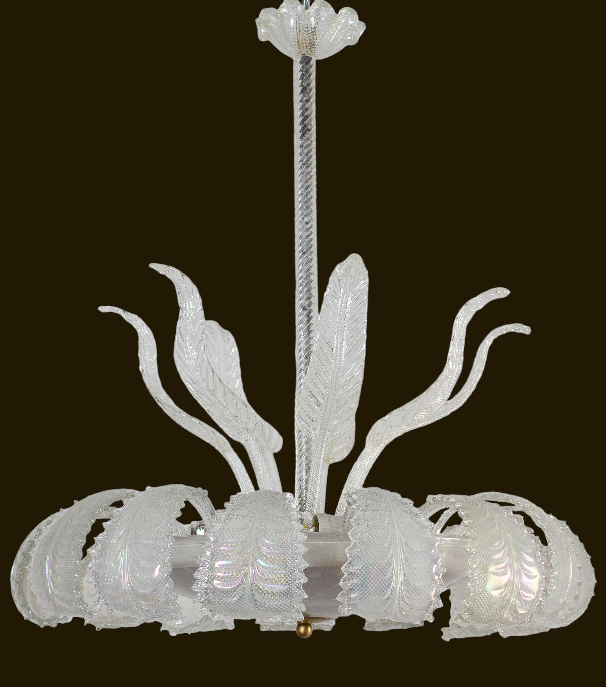 Art Deco Ninfea Iridescent Murano Glass Chandelier by Barovier Italy, 1940 For Sale 1
