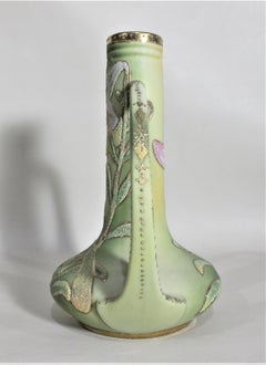 Art Deco Nippon Porcelain Coralene Hand Painted Floral Vase with Pierced Handles