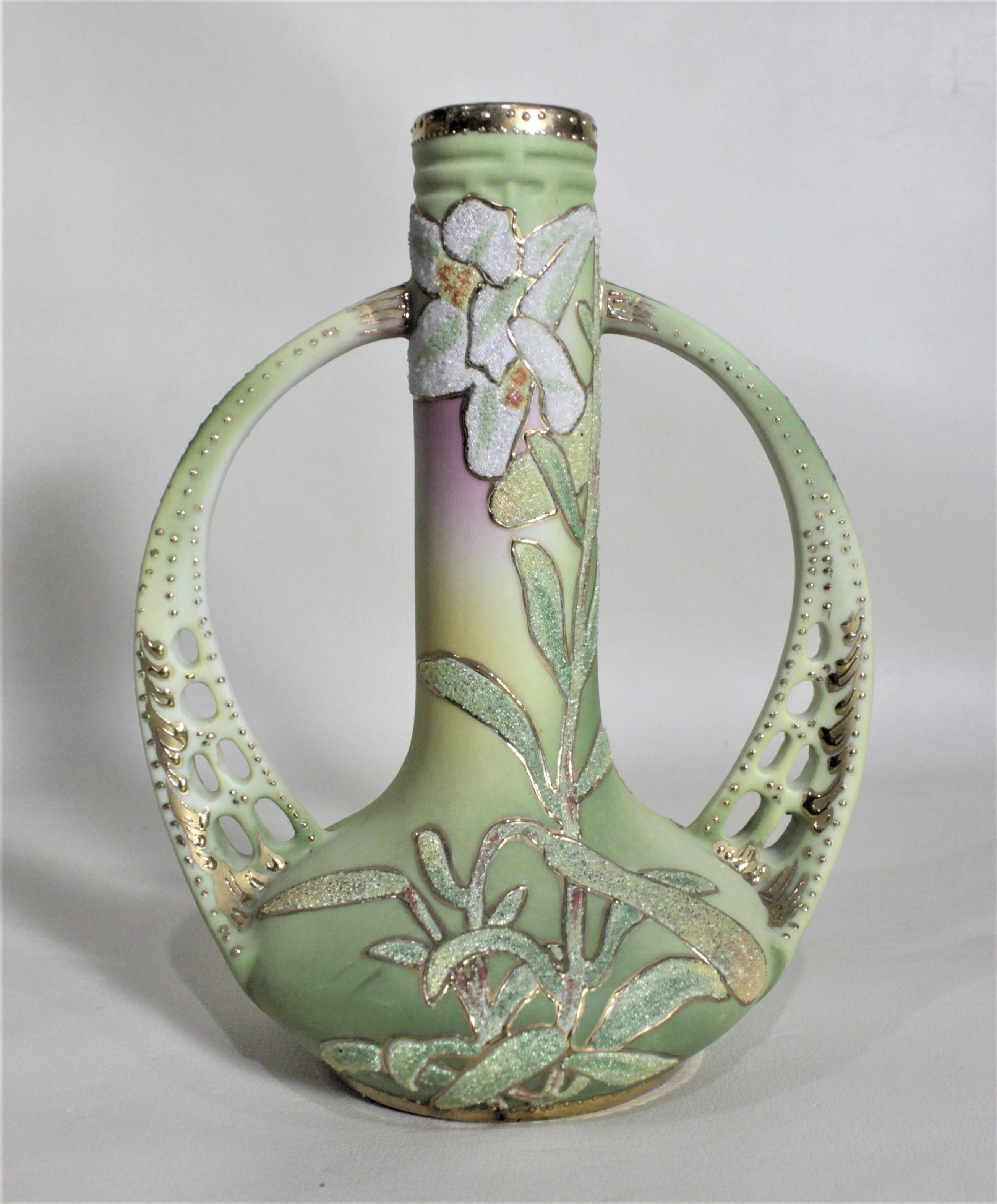 Japanese Art Deco Nippon Porcelain Coralene Hand Painted Floral Vase with Pierced Handles
