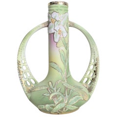 Art Deco Nippon Porcelain Coralene Hand Painted Floral Vase with Pierced Handles