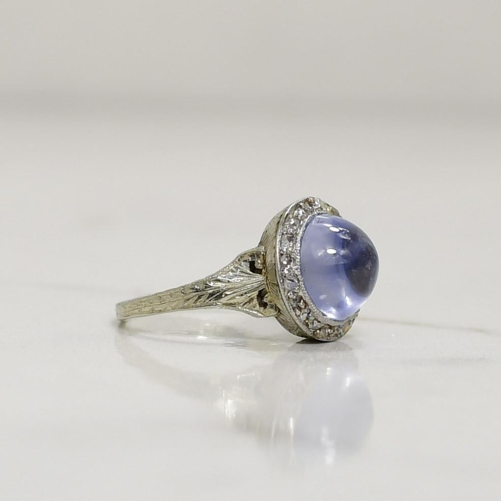 Cabochon Art Deco No Heat Blue Sapphire With Diamond Halo 18K White Gold Ring R-923SPT1-N For Sale