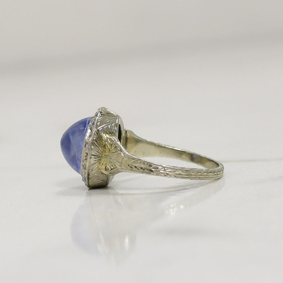 Art Deco No Heat Blue Sapphire With Diamond Halo 18K White Gold Ring R-923SPT1-N In Good Condition For Sale In Addison, TX