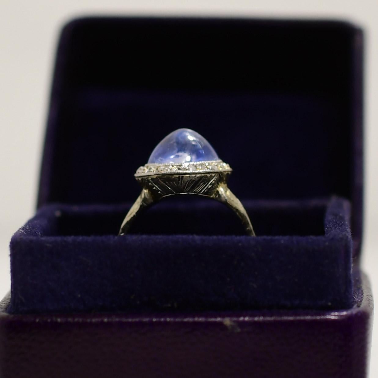 Art Deco No Heat Blue Sapphire With Diamond Halo 18K White Gold Ring R-923SPT1-N For Sale 2