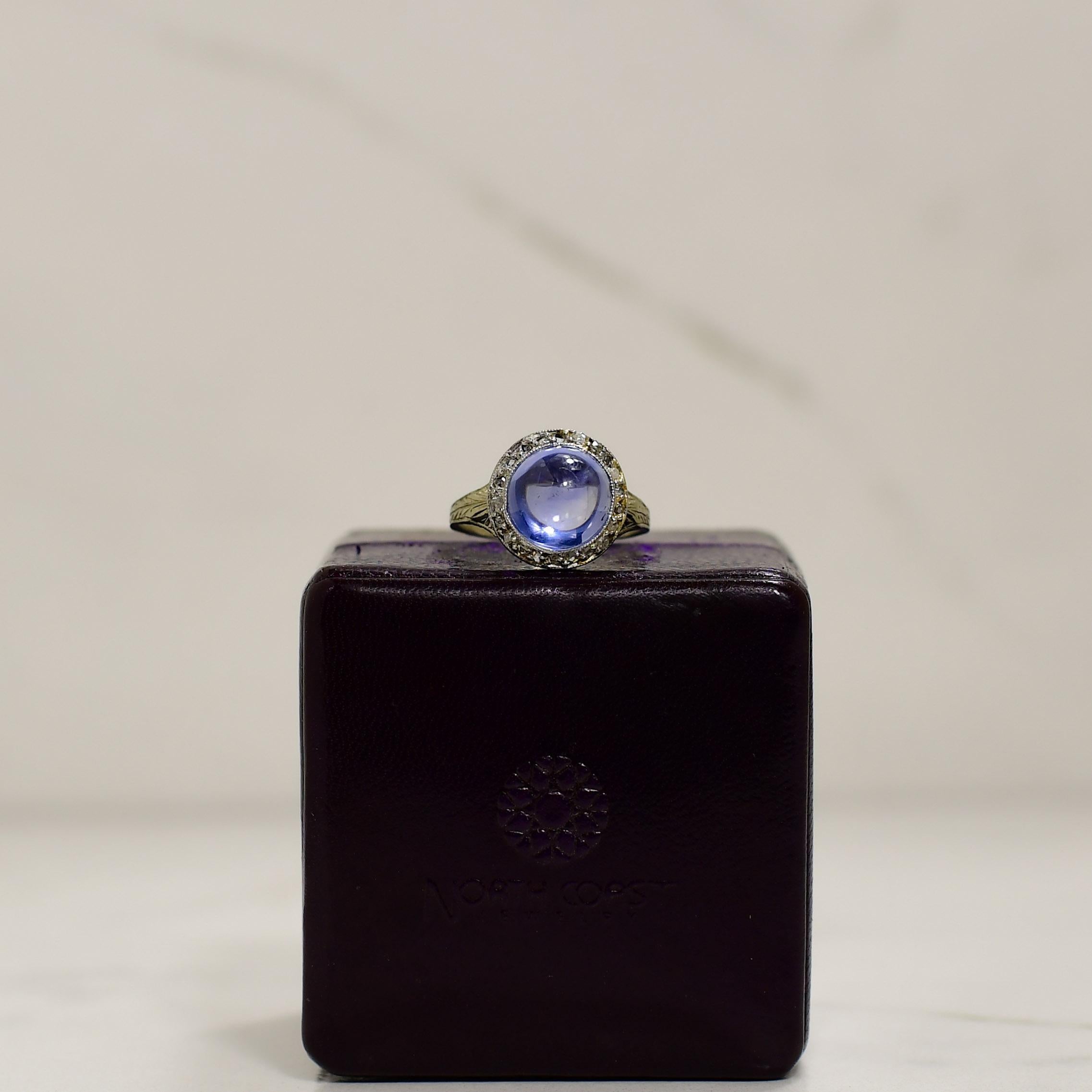 Art Deco No Heat Blue Sapphire With Diamond Halo 18K White Gold Ring R-923SPT1-N For Sale 3