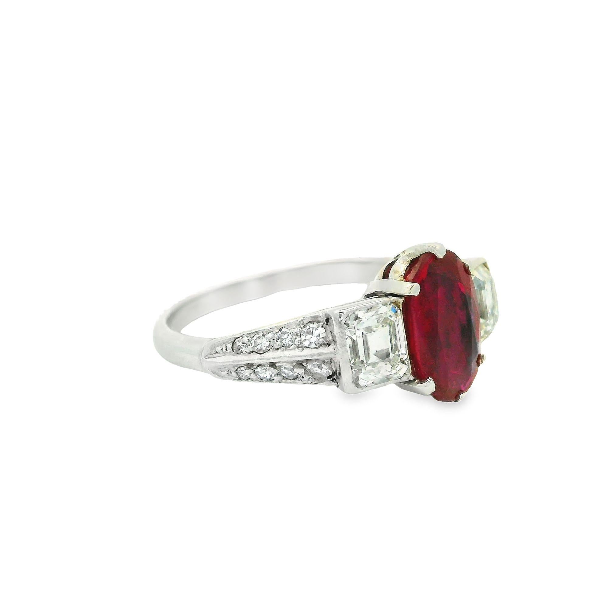 A beautiful treasure from the 1920’s! This lovely antique platinum ring features rare Burmese ruby with no treatment of any kind. It has a rich intense pure red color and weighs approximately 1.50 carats. It is certified by the GIA as a Burmese