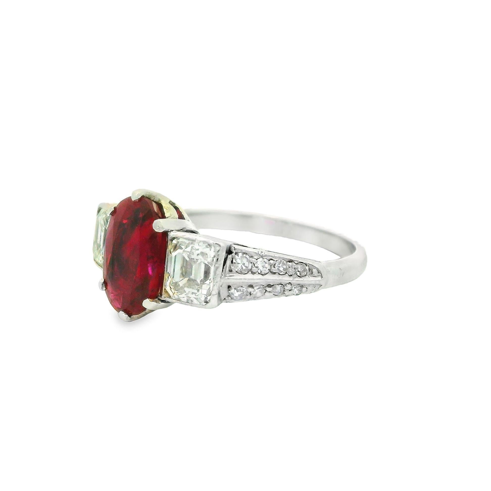 Oval Cut Art Deco No-Heat Burmese Ruby Diamond Platinum Ring, GIA Certified For Sale
