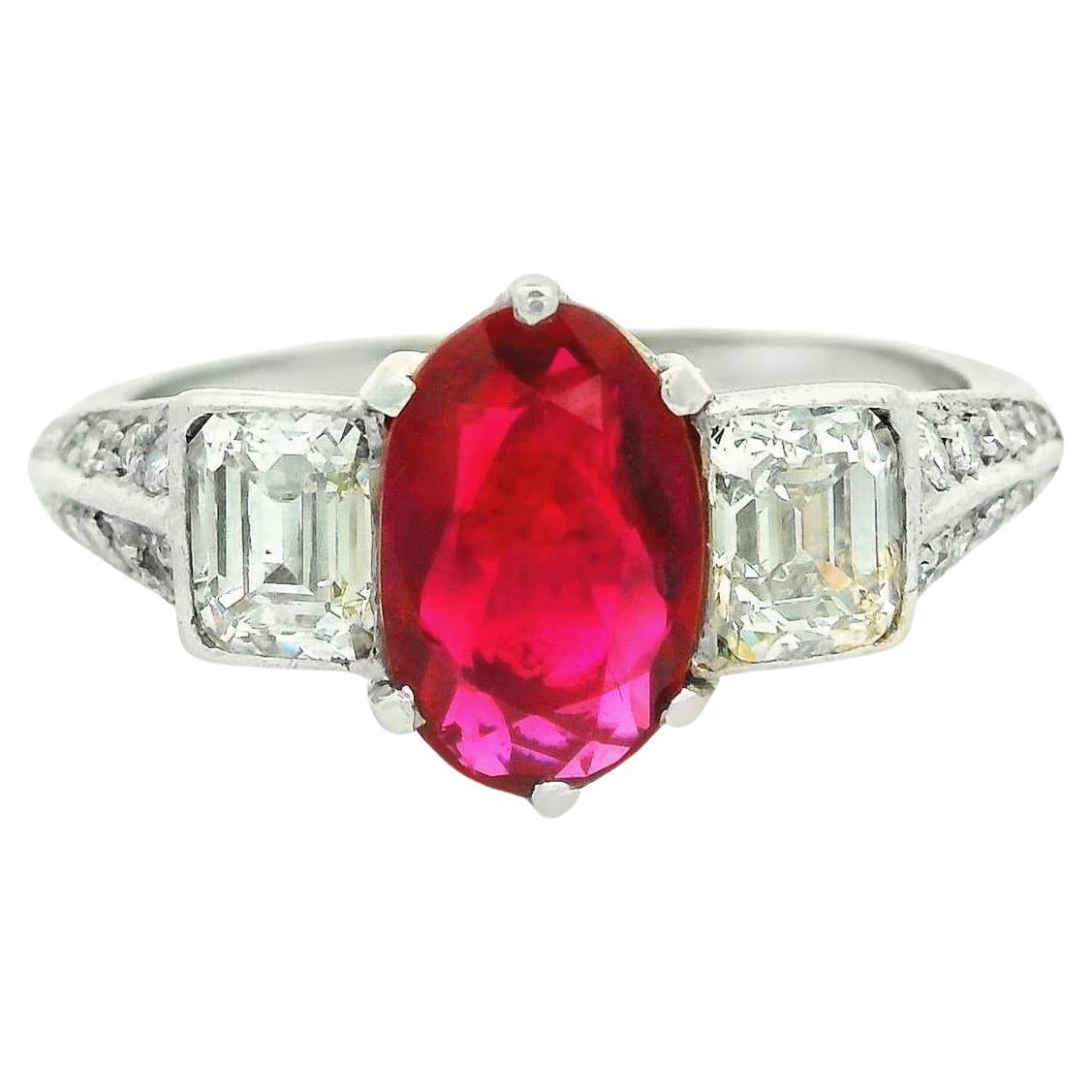 Art Deco No-Heat Burmese Ruby Diamond Platinum Ring, GIA Certified For Sale