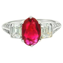 Art Deco No-Heat Burmese Ruby Diamond Platinum Ring, GIA Certified