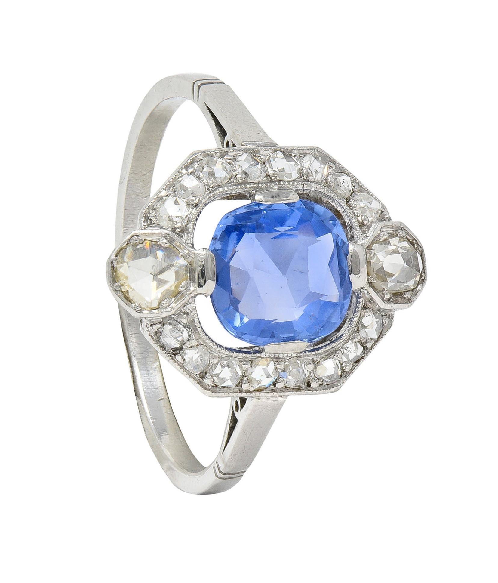 Art Deco No Heat Ceylon Sapphire Diamond Platinum Vintage Halo Ring GIA 5