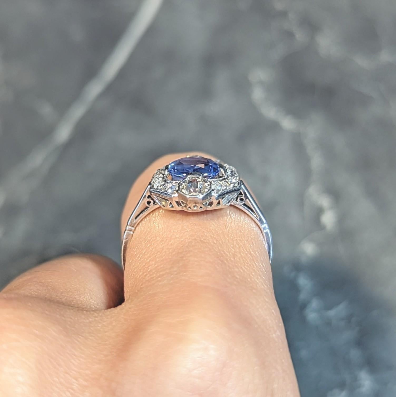 Art Deco No Heat Ceylon Sapphire Diamond Platinum Vintage Halo Ring GIA 6