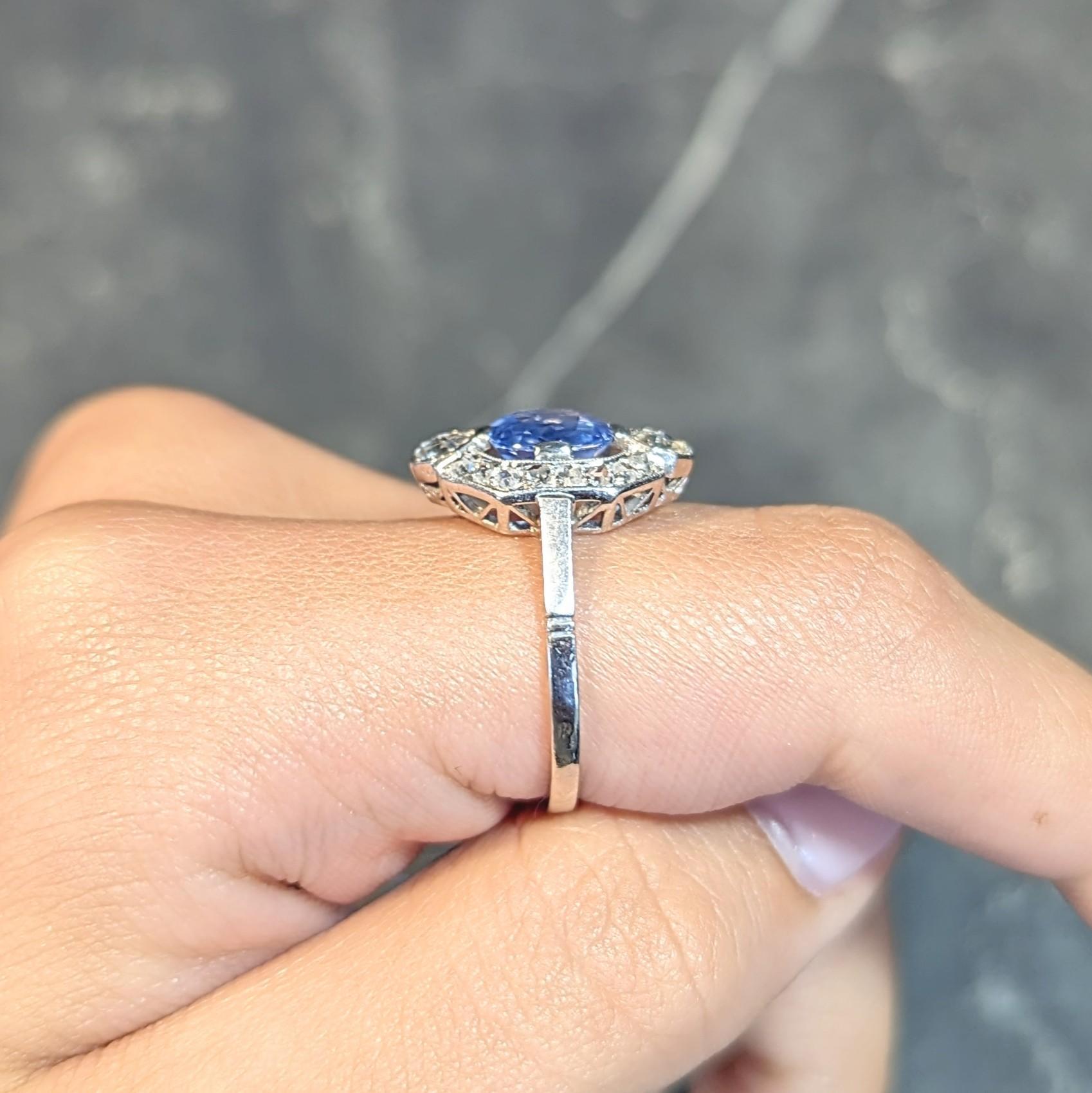 Art Deco No Heat Ceylon Sapphire Diamond Platinum Vintage Halo Ring GIA 7