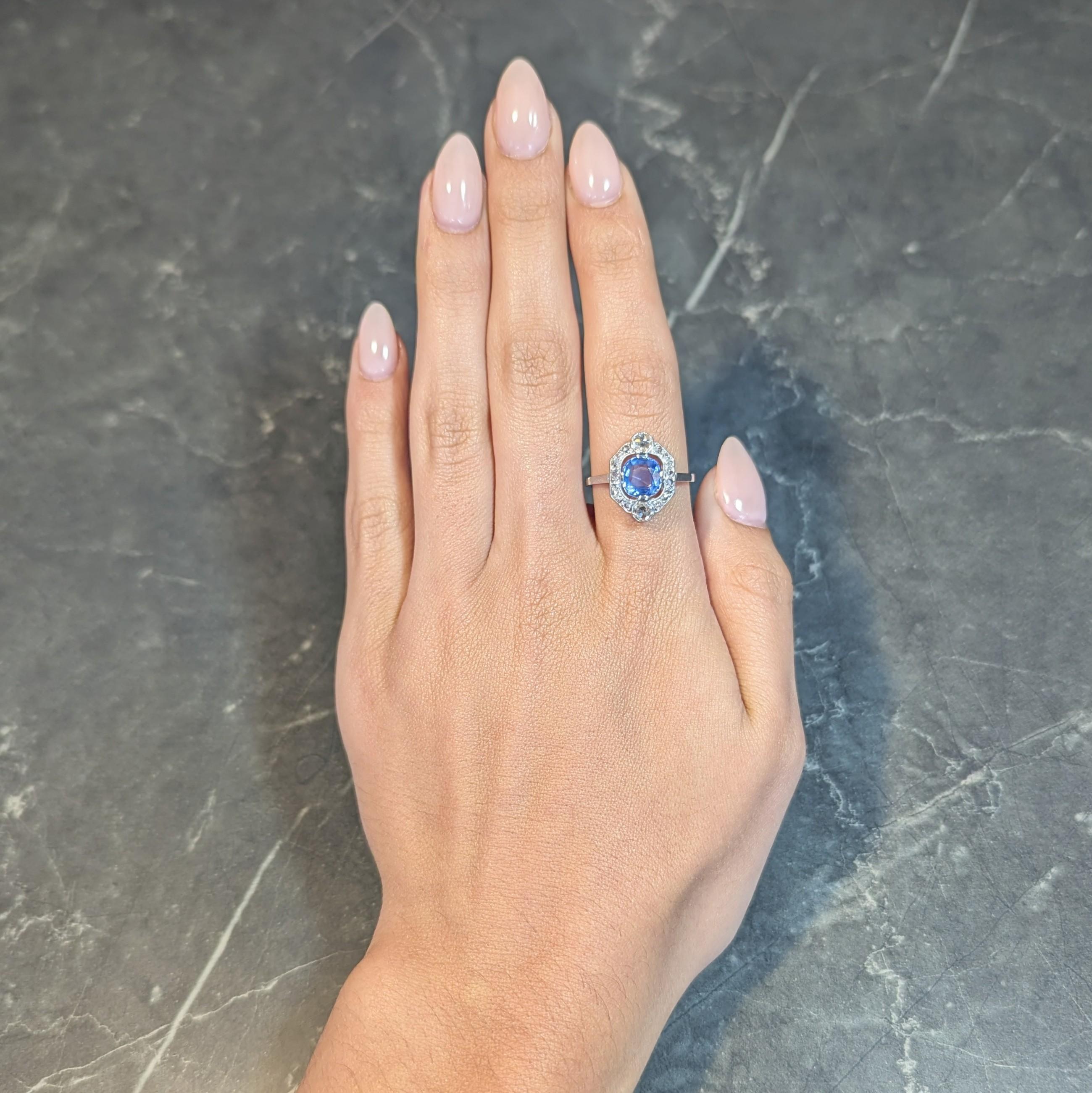 Rose Cut Art Deco No Heat Ceylon Sapphire Diamond Platinum Vintage Halo Ring GIA