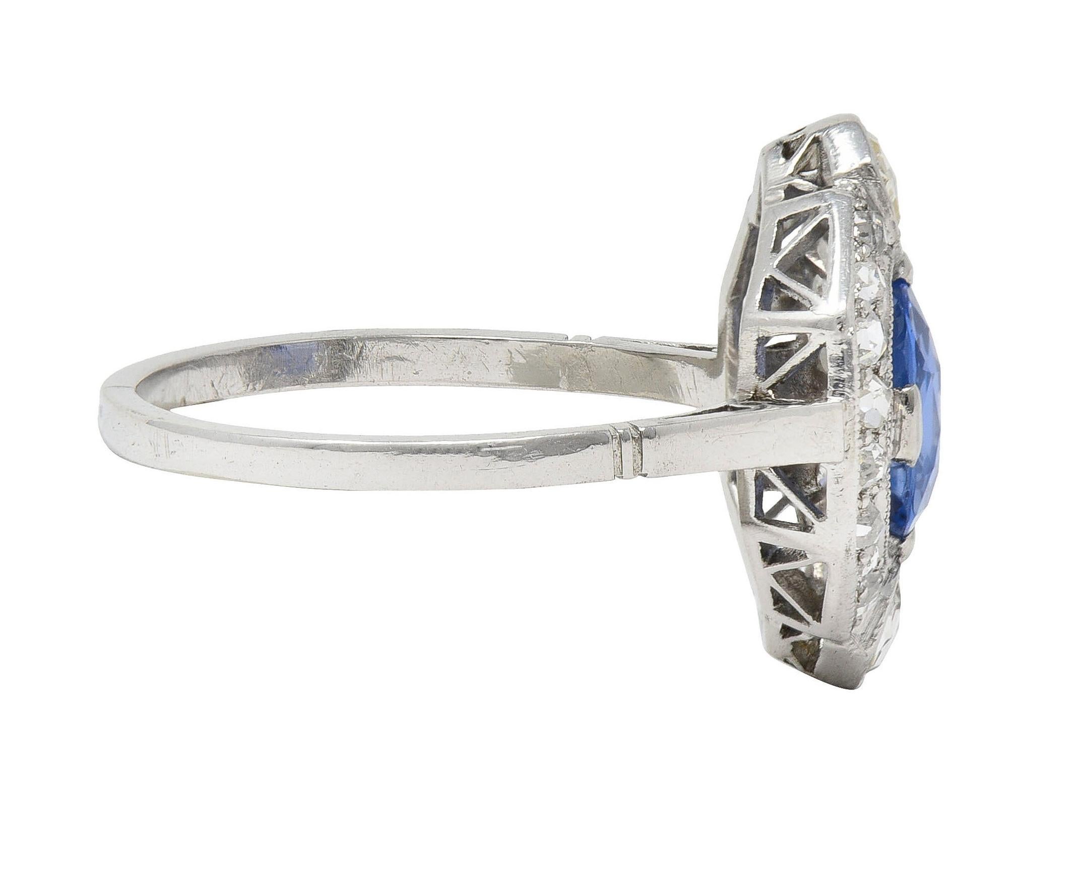 Art Deco No Heat Ceylon Sapphire Diamond Platinum Vintage Halo Ring GIA In Excellent Condition In Philadelphia, PA