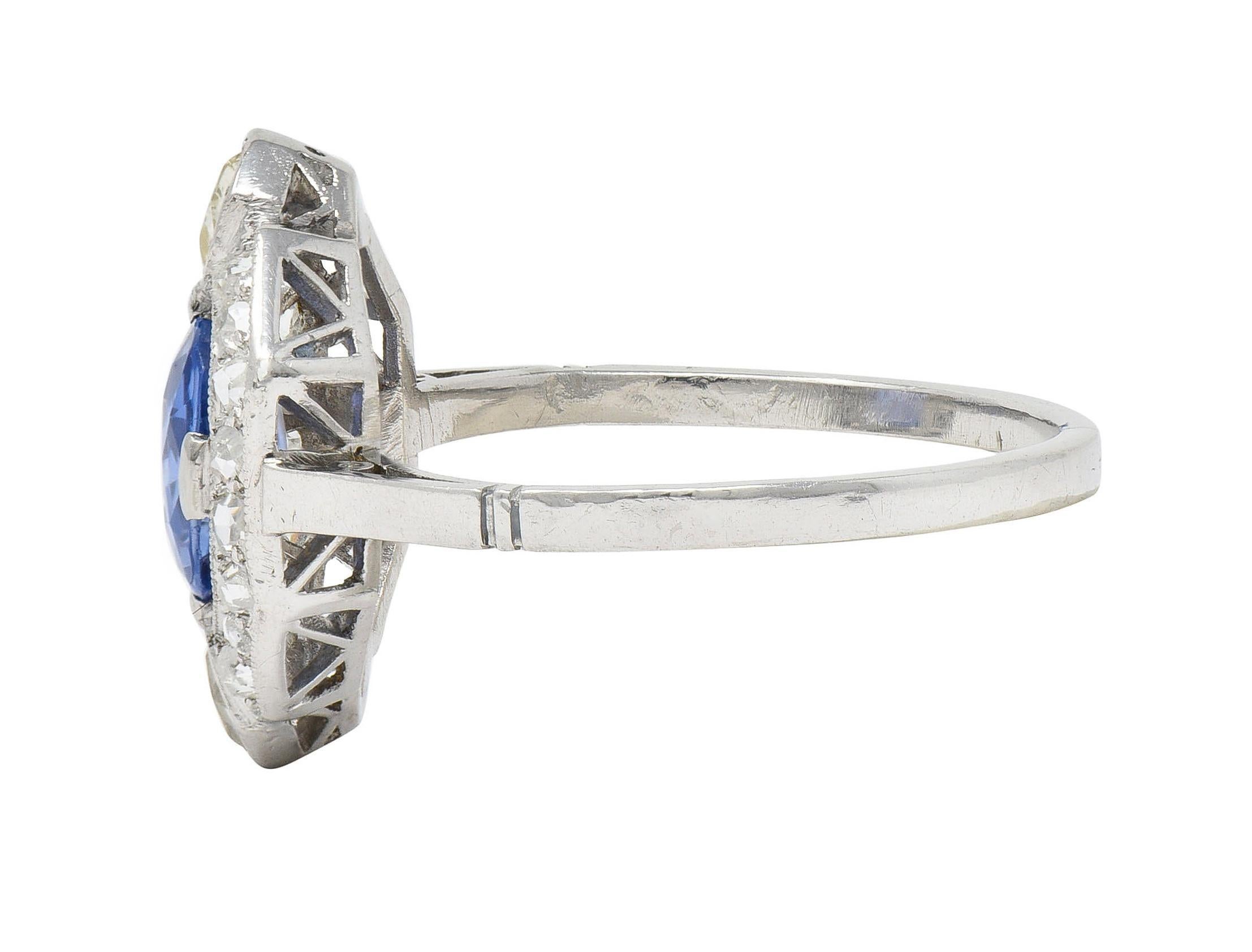 Women's or Men's Art Deco No Heat Ceylon Sapphire Diamond Platinum Vintage Halo Ring GIA