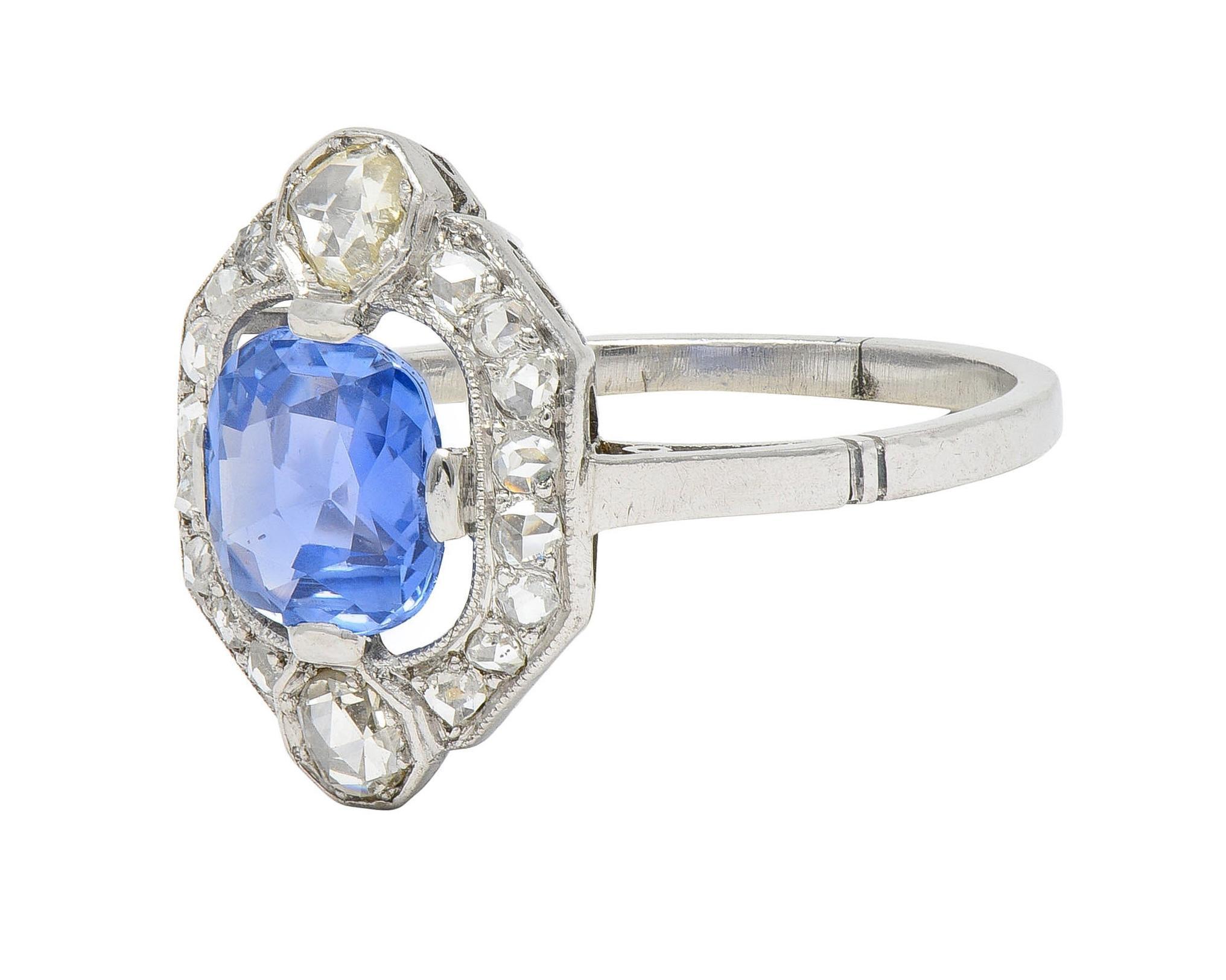 Art Deco No Heat Ceylon Sapphire Diamond Platinum Vintage Halo Ring GIA For Sale 1