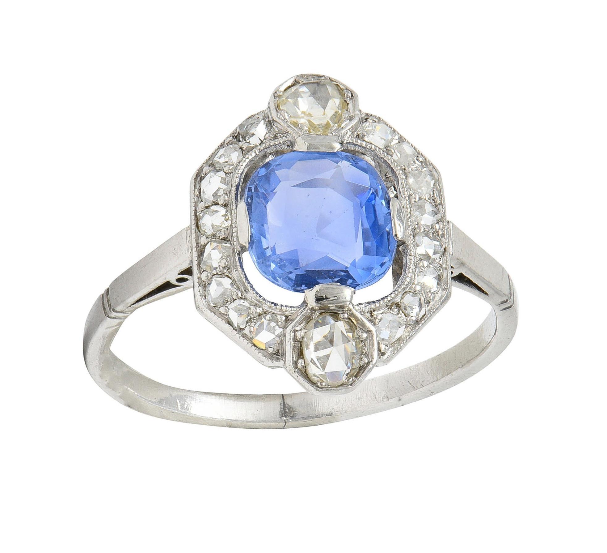 Art Deco No Heat Ceylon Sapphire Diamond Platinum Vintage Halo Ring GIA For Sale 2
