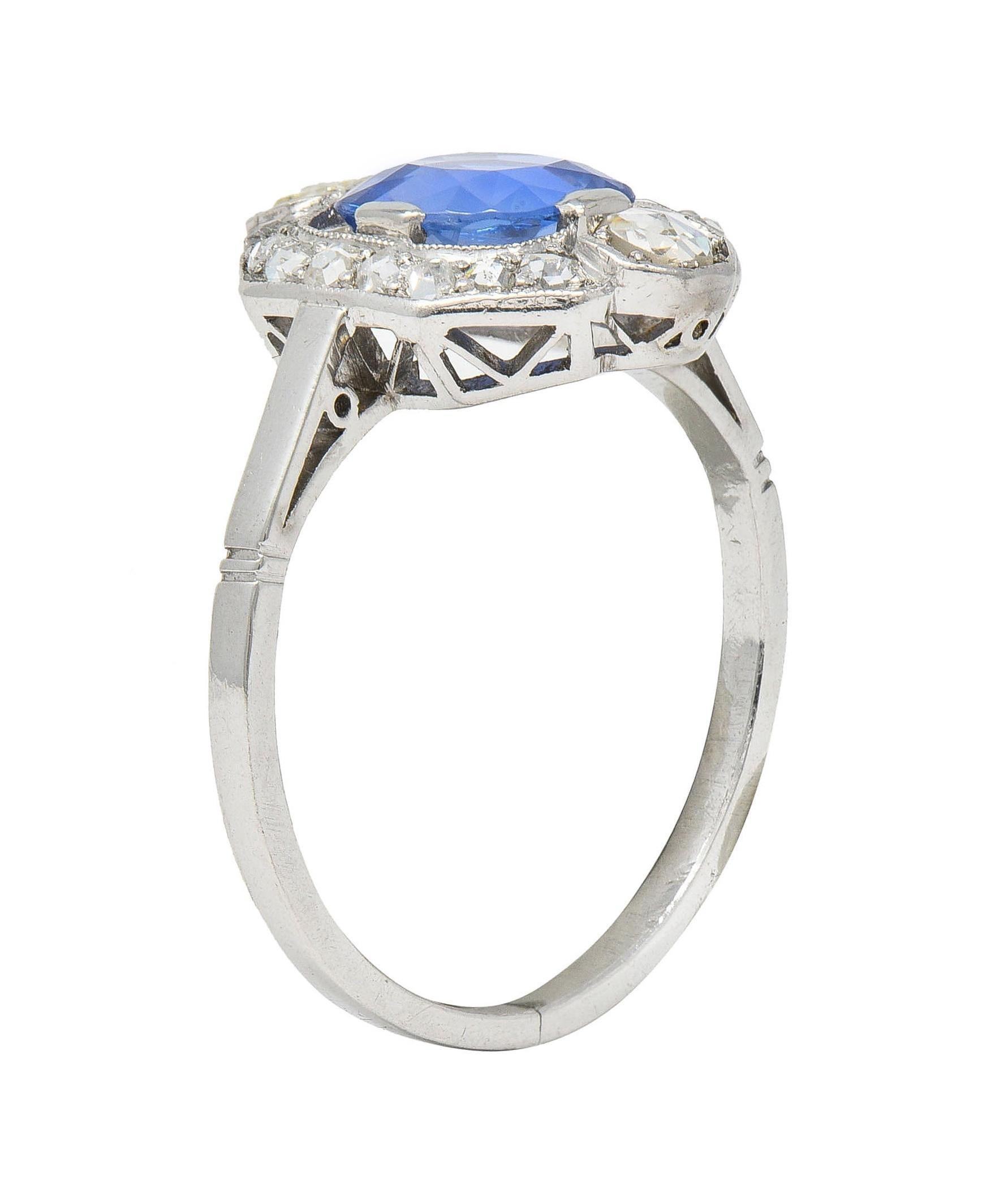 Art Deco No Heat Ceylon Sapphire Diamond Platinum Vintage Halo Ring GIA 3