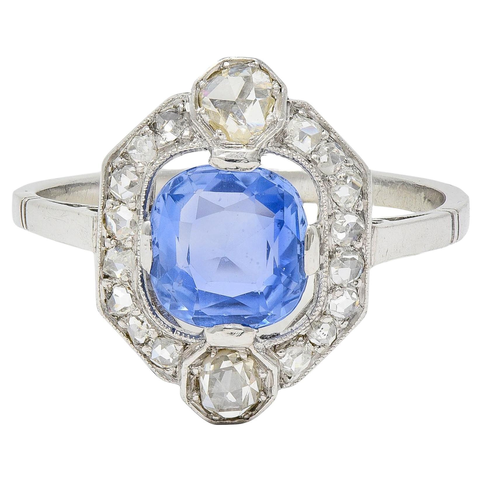 Art Deco No Heat Ceylon Sapphire Diamond Platinum Vintage Halo Ring GIA For Sale