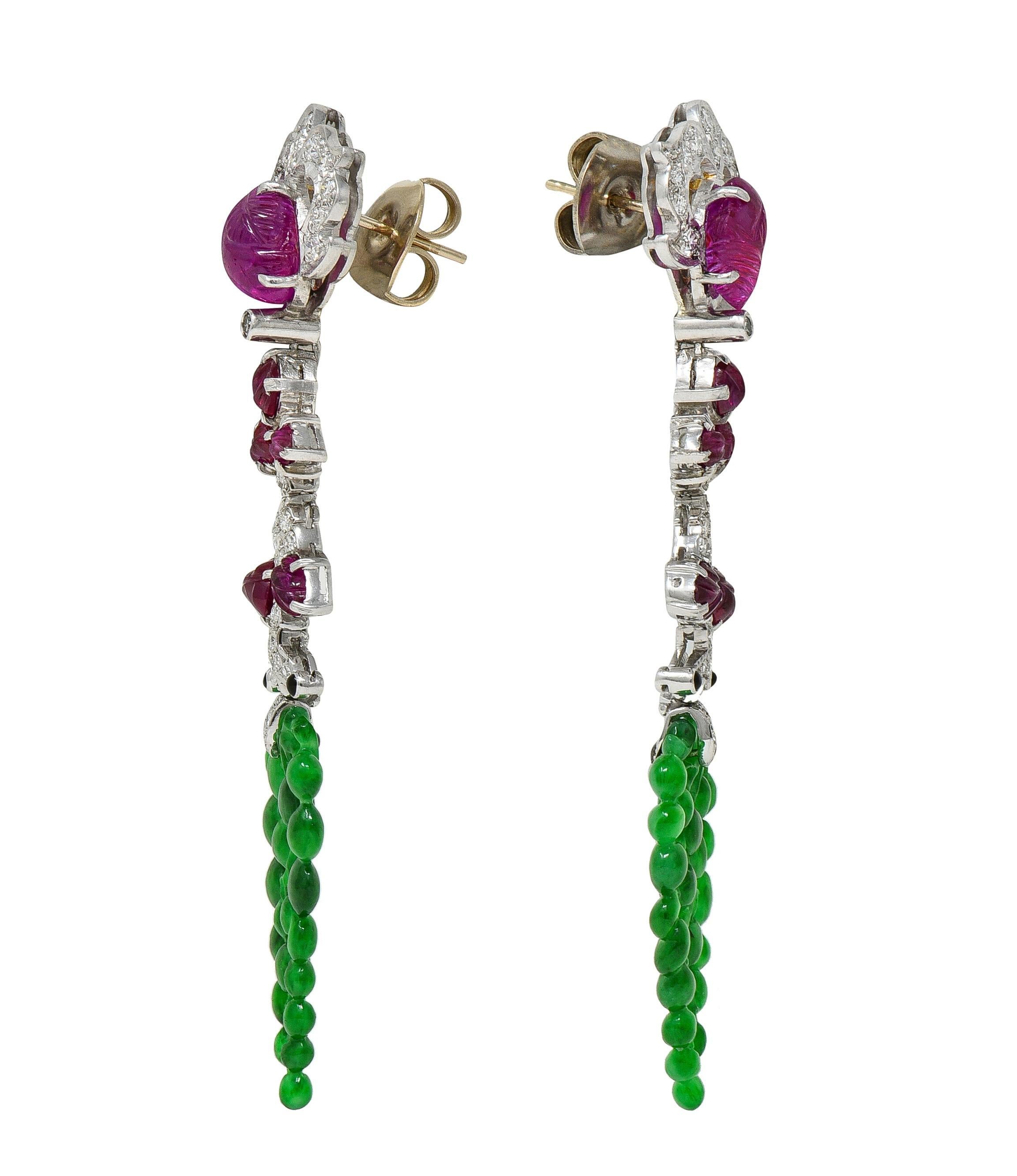 Cabochon Art Deco No Heat Ruby Jade Onyx Diamond Platinum Vintage Tutti Frutti Earrings For Sale