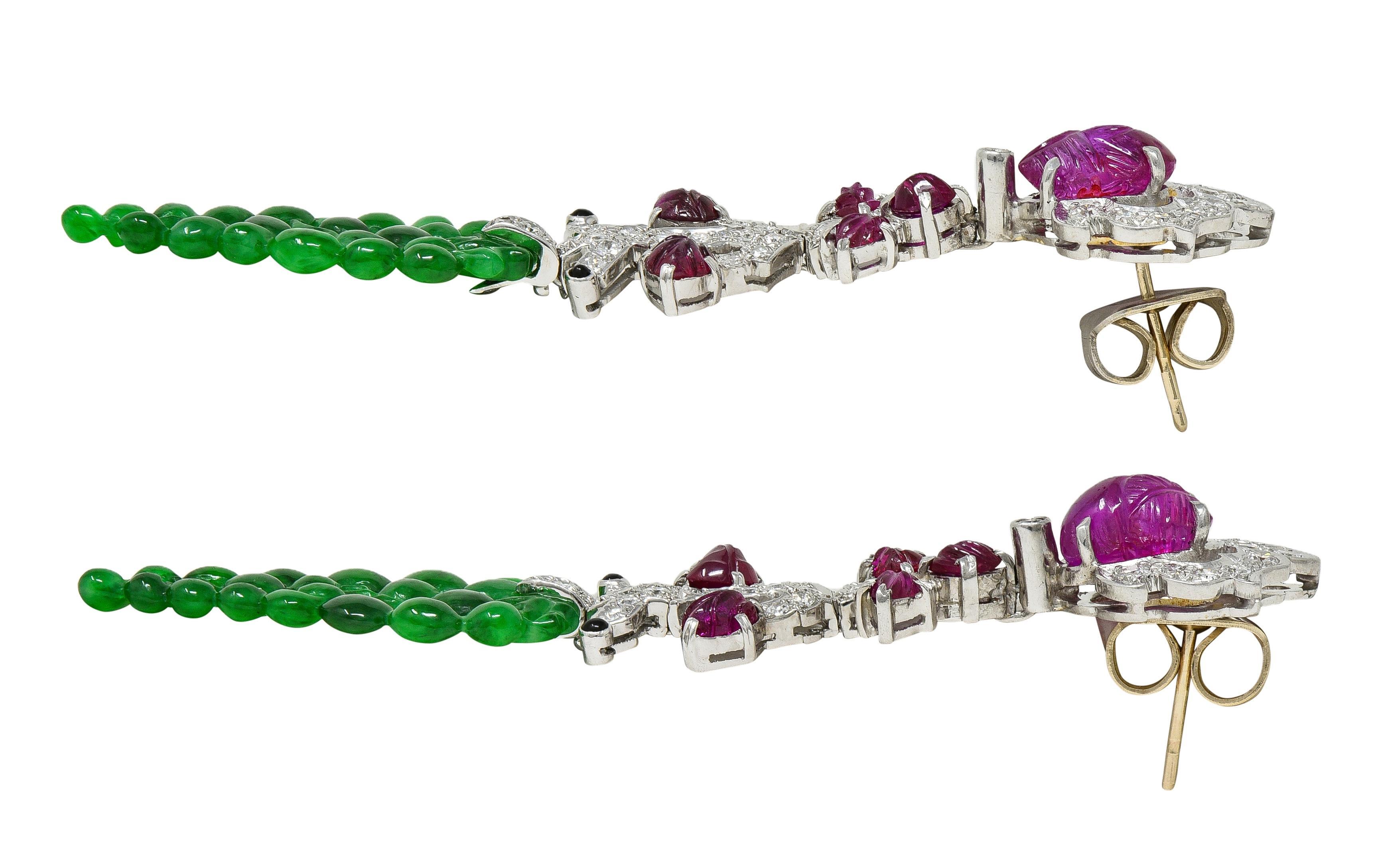 Women's or Men's Art Deco No Heat Ruby Jade Onyx Diamond Platinum Vintage Tutti Frutti Earrings For Sale