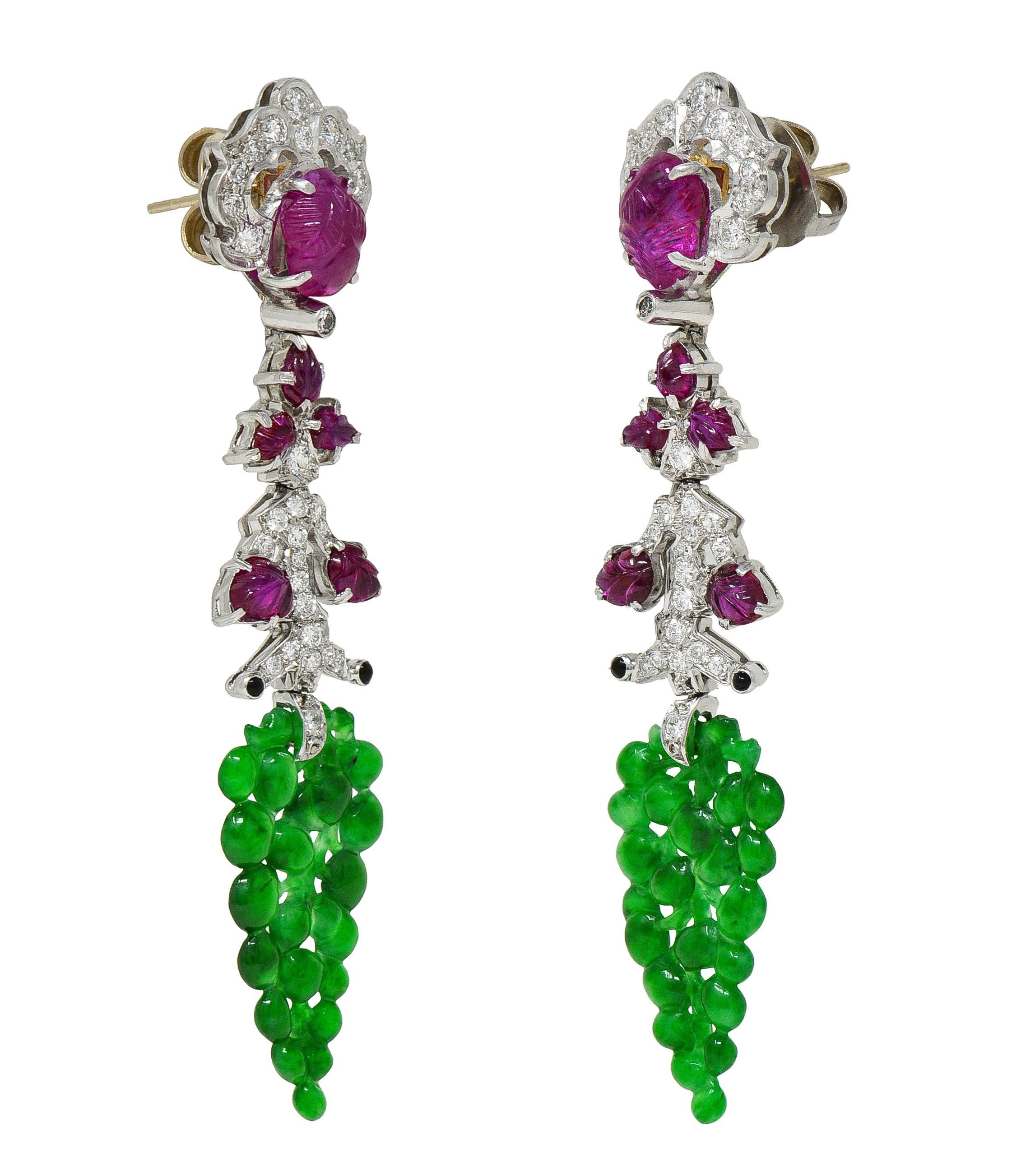 Art Deco No Heat Ruby Jade Onyx Diamond Platinum Vintage Tutti Frutti Earrings For Sale 1