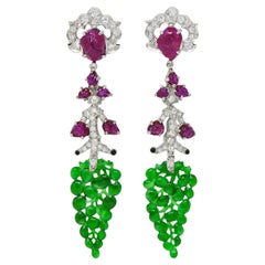 Art Deco No Heat Ruby Jade Onyx Diamond Platinum Vintage Tutti Frutti Earrings