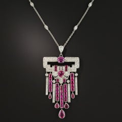 Art Deco No-Heat Ruby Platinum Diamond Necklace, GIA