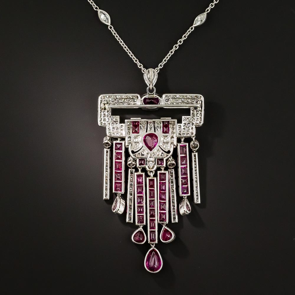 Brilliant Cut Art Deco No-Heat Ruby Platinum Diamond Necklace, GIA