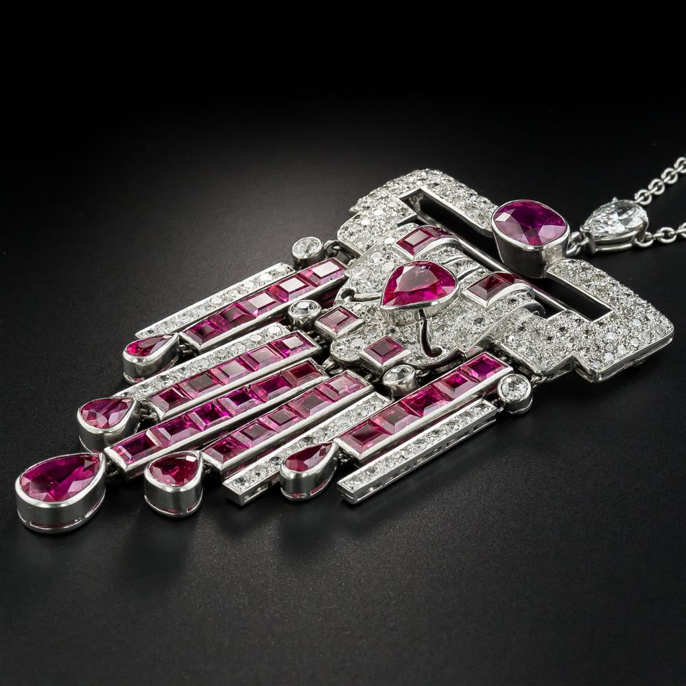 Art Deco No-Heat Ruby Platinum Diamond Necklace, GIA In Good Condition In San Francisco, CA