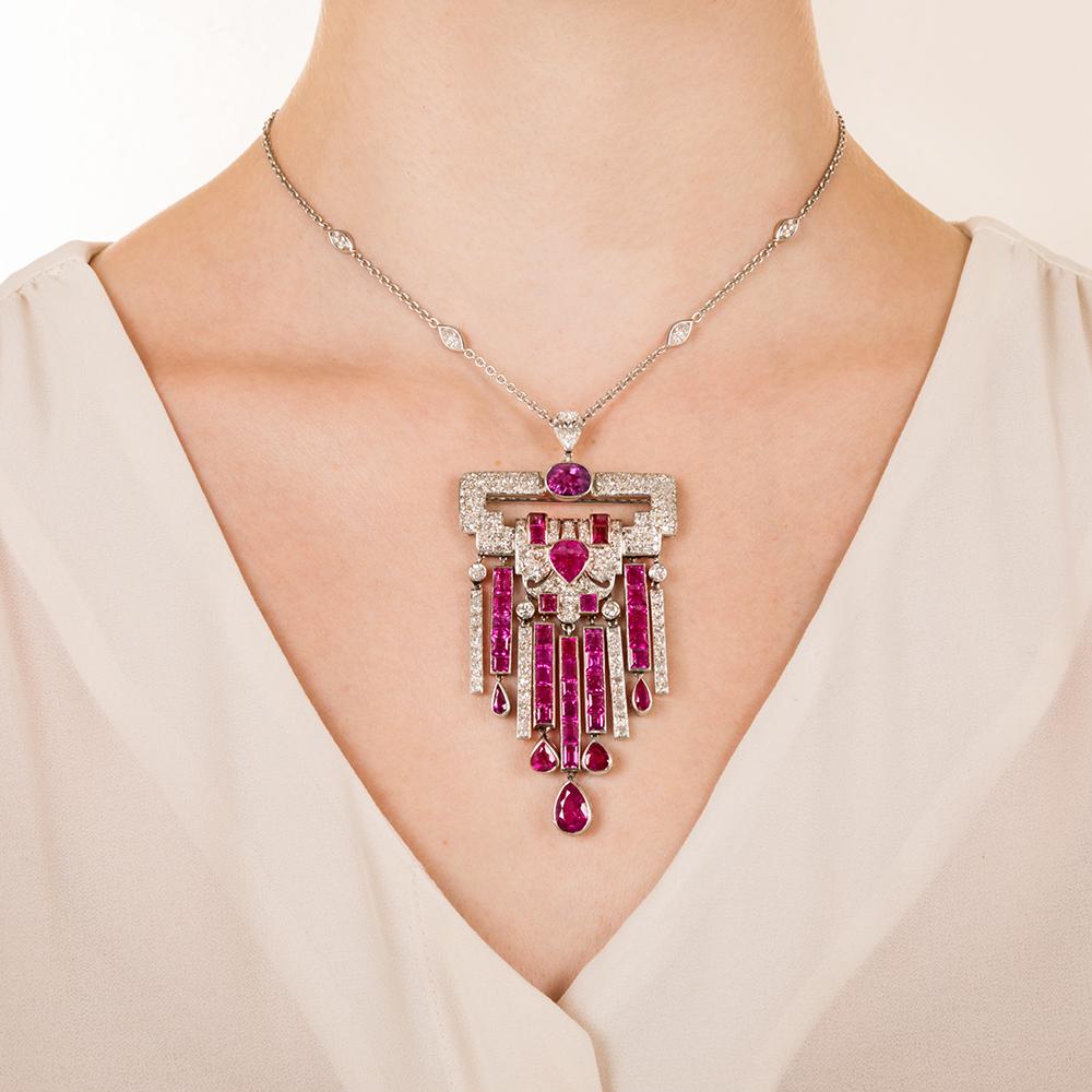 Women's Art Deco No-Heat Ruby Platinum Diamond Necklace, GIA