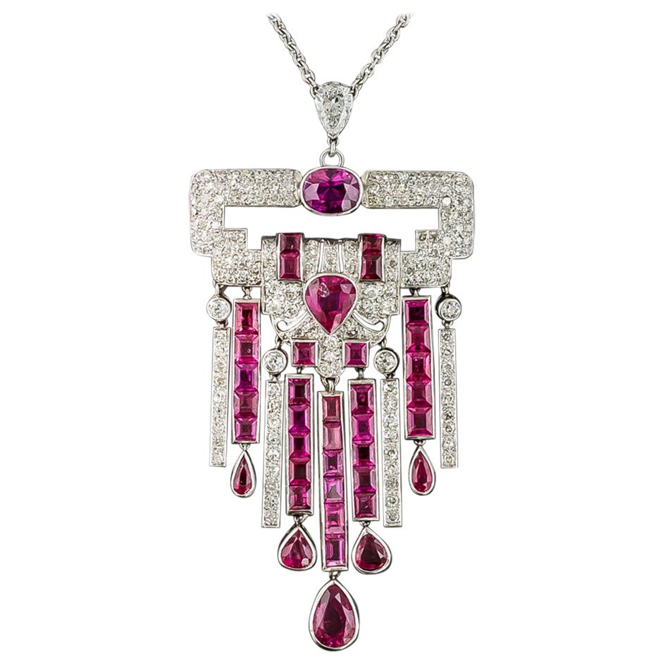 Art Deco No-Heat Ruby Platinum Diamond Necklace, GIA