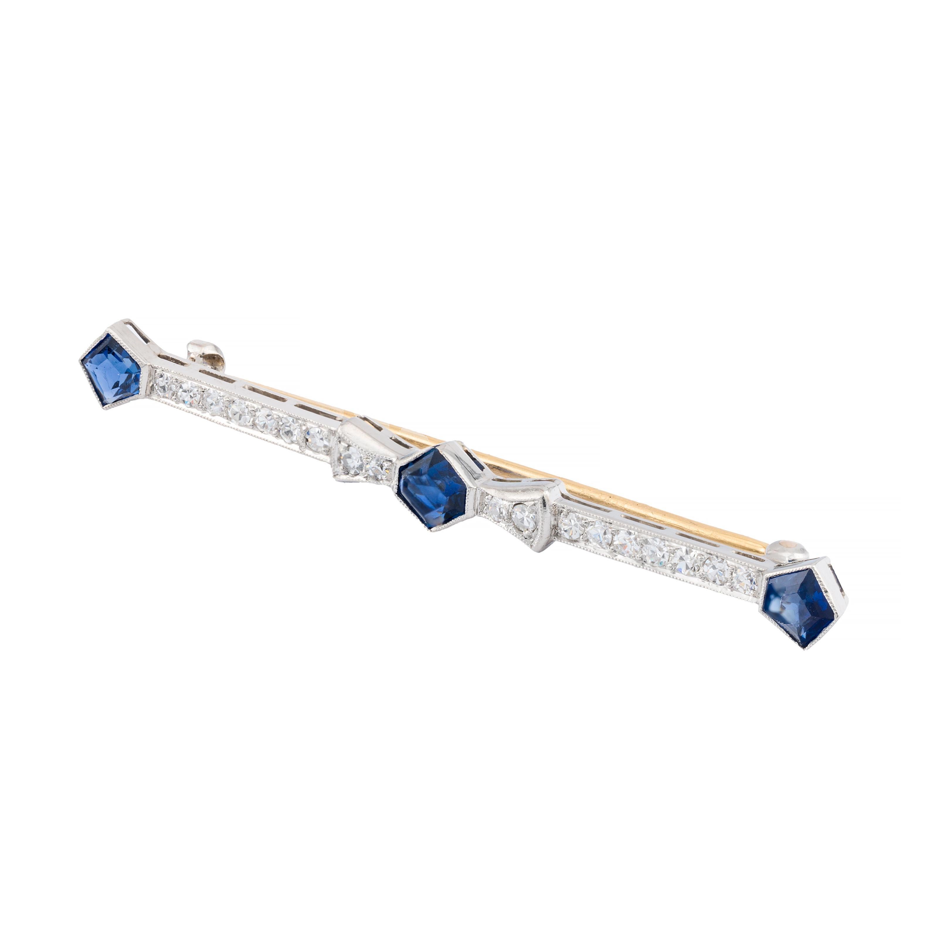 Mixed Cut Art Deco No Heat Sapphire & Diamond Geometric Brooch in Platinum For Sale