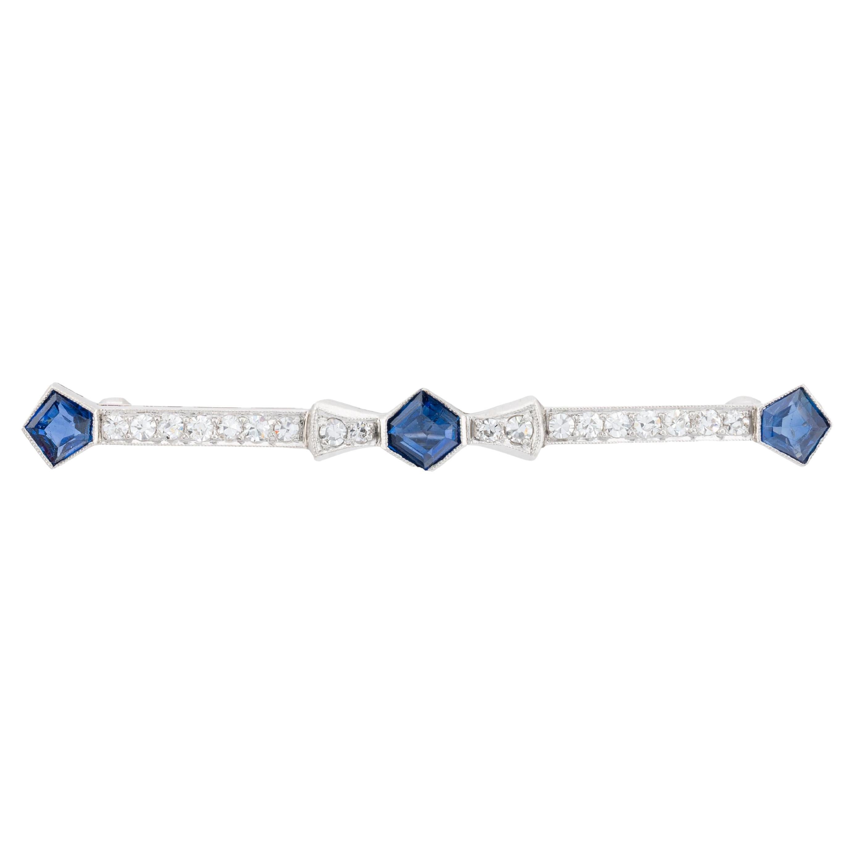 Art Deco No Heat Sapphire & Diamond Geometric Brooch in Platinum