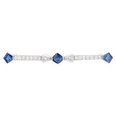 Art Deco No Heat Sapphire & Diamond Geometric Brooch in Platinum