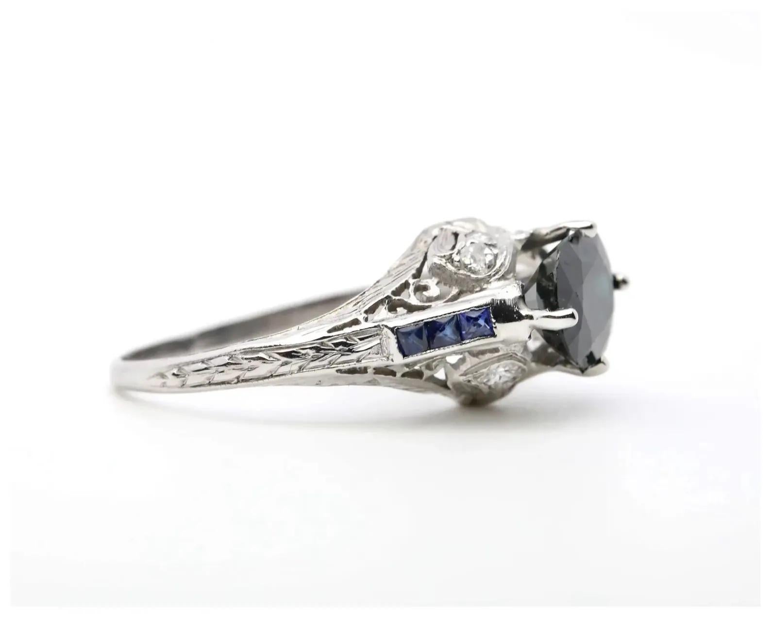 Oval Cut Art Deco No Heat Sapphire & Diamond Ribbon Motif Ring in Platinum For Sale