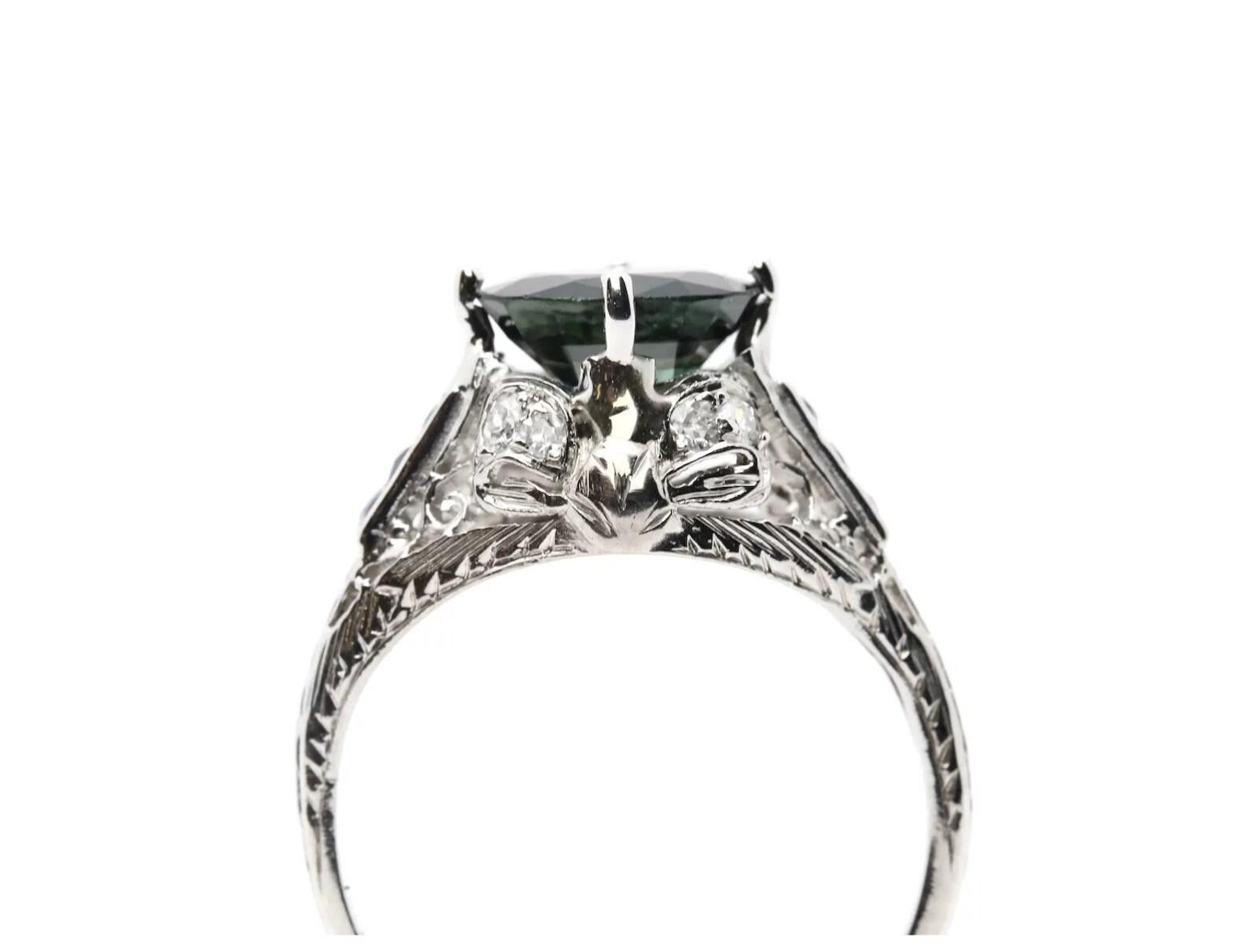 Women's or Men's Art Deco No Heat Sapphire & Diamond Ribbon Motif Ring in Platinum For Sale