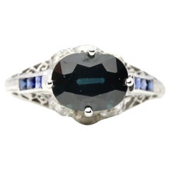 Vintage Art Deco No Heat Sapphire & Diamond Ribbon Motif Ring in Platinum