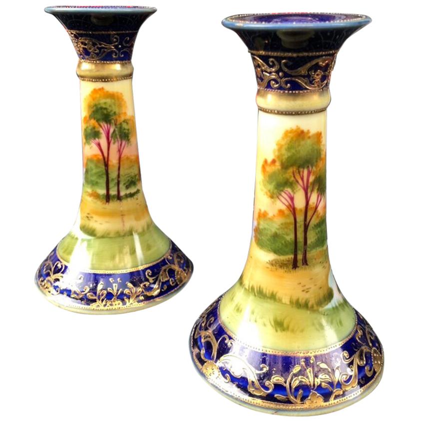 Art Deco Noritake Hand Painted Pair Candle Sticks Japan