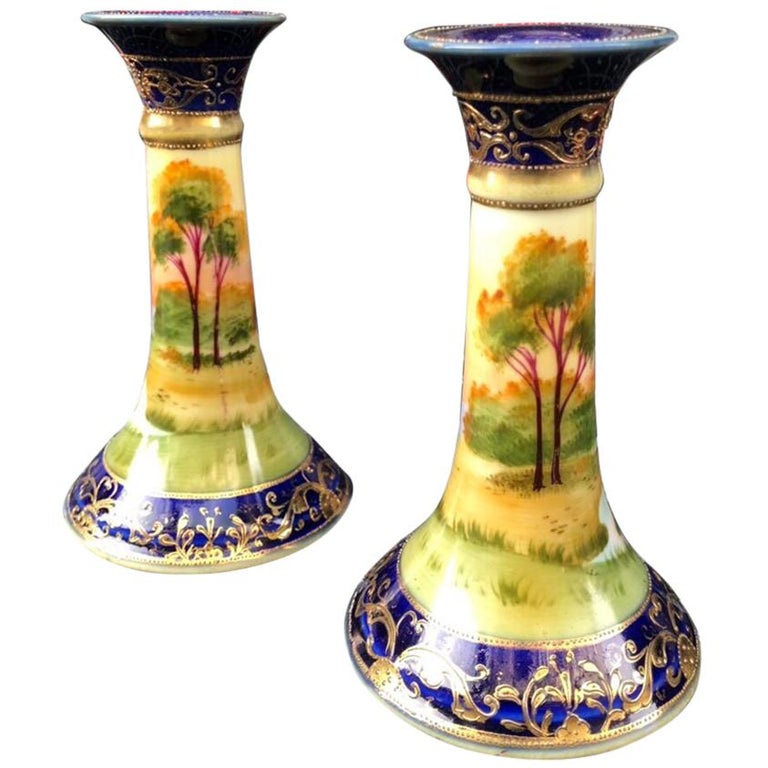 Art Deco Noritake Hand Painted Pair Candle Sticks Japan at 1stDibs