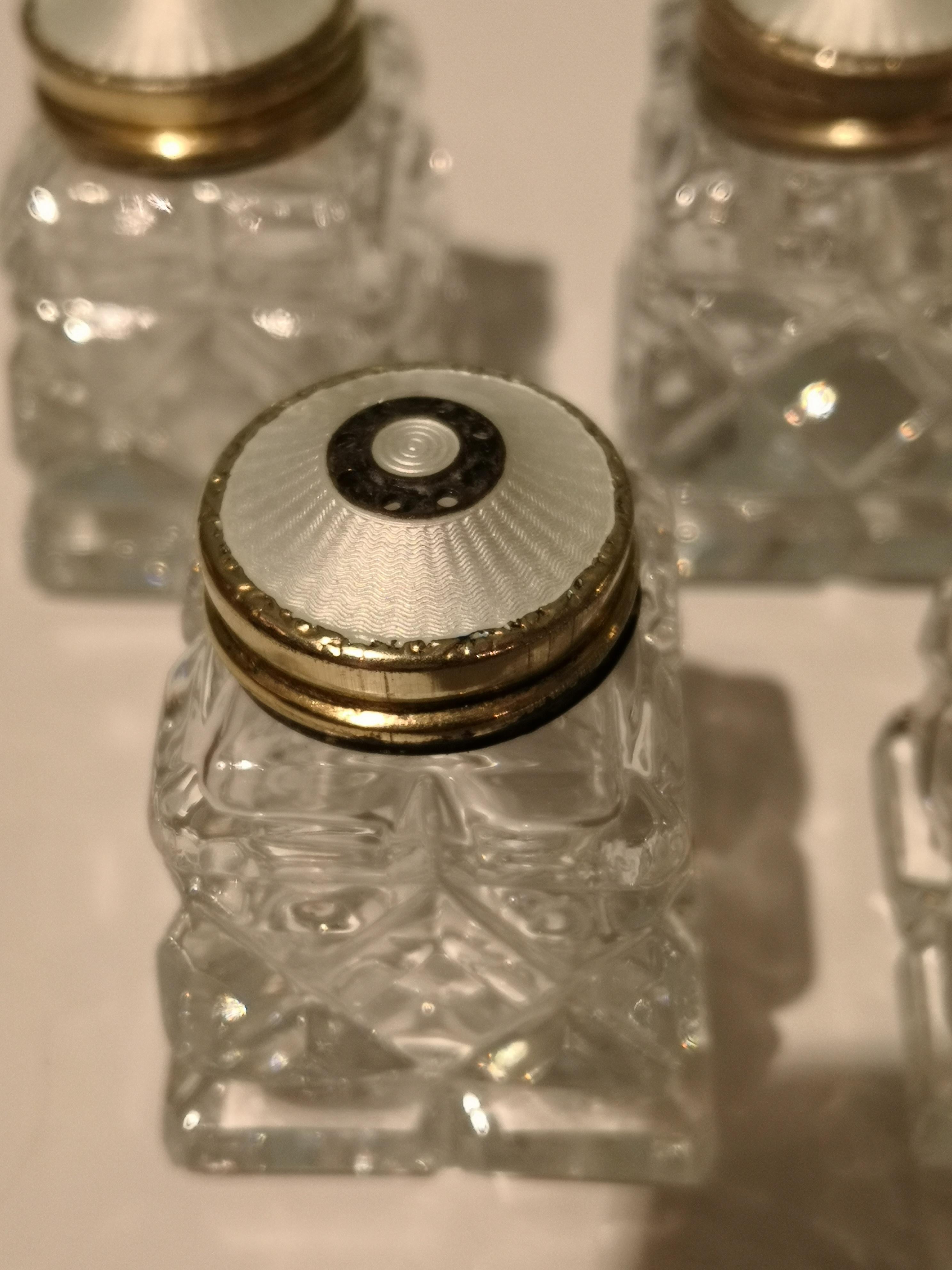 Enameled Art Deco Norway Enamelled Set of Five Salt Shaker Crystal and Sterling Silver