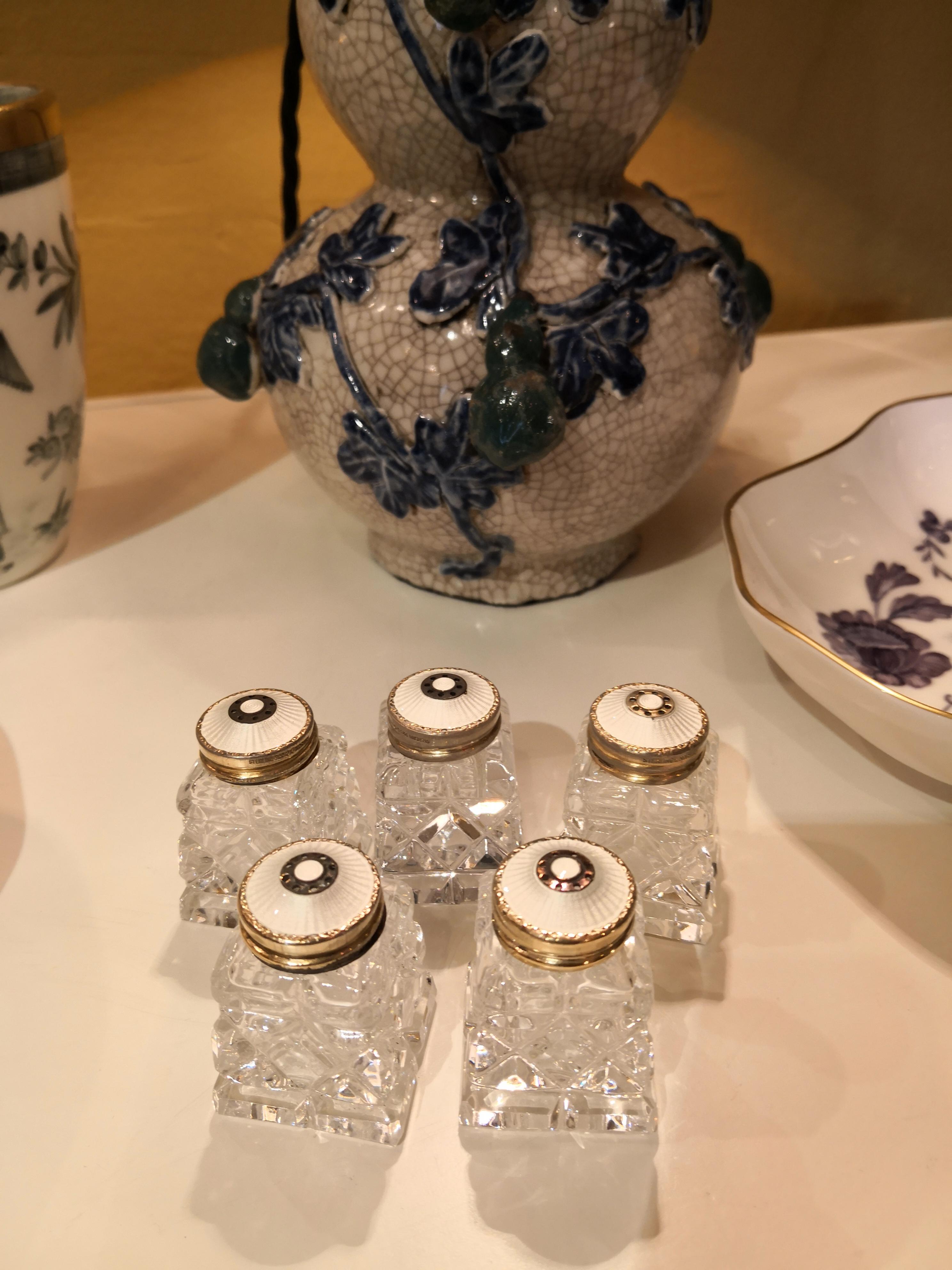 Art Deco Norway Enamelled Set of Five Salt Shaker Crystal and Sterling Silver 2