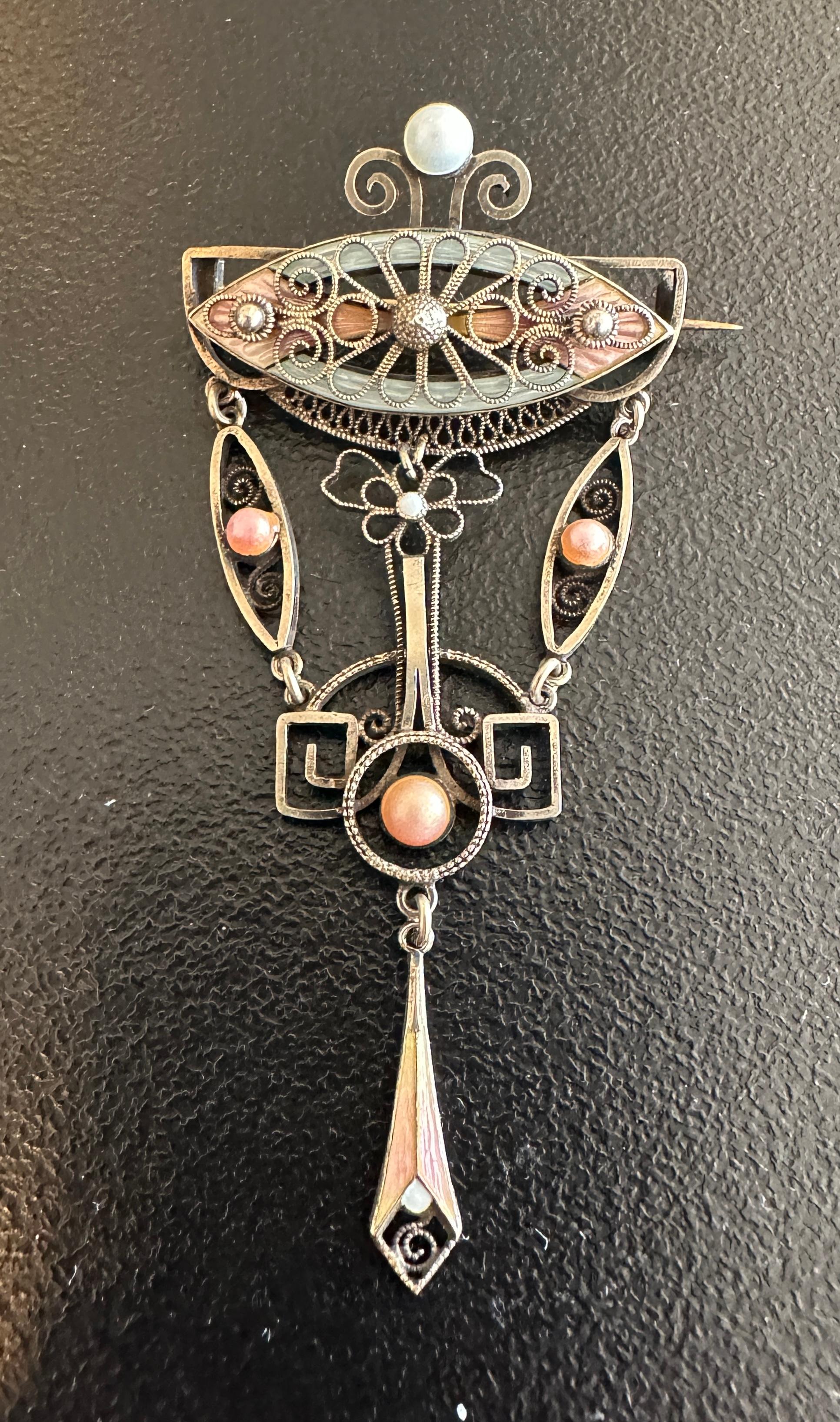 This is a wonderful Norwegian Guilloche Enamel Art Deco Solje Brooch in Sterling Silver. The 