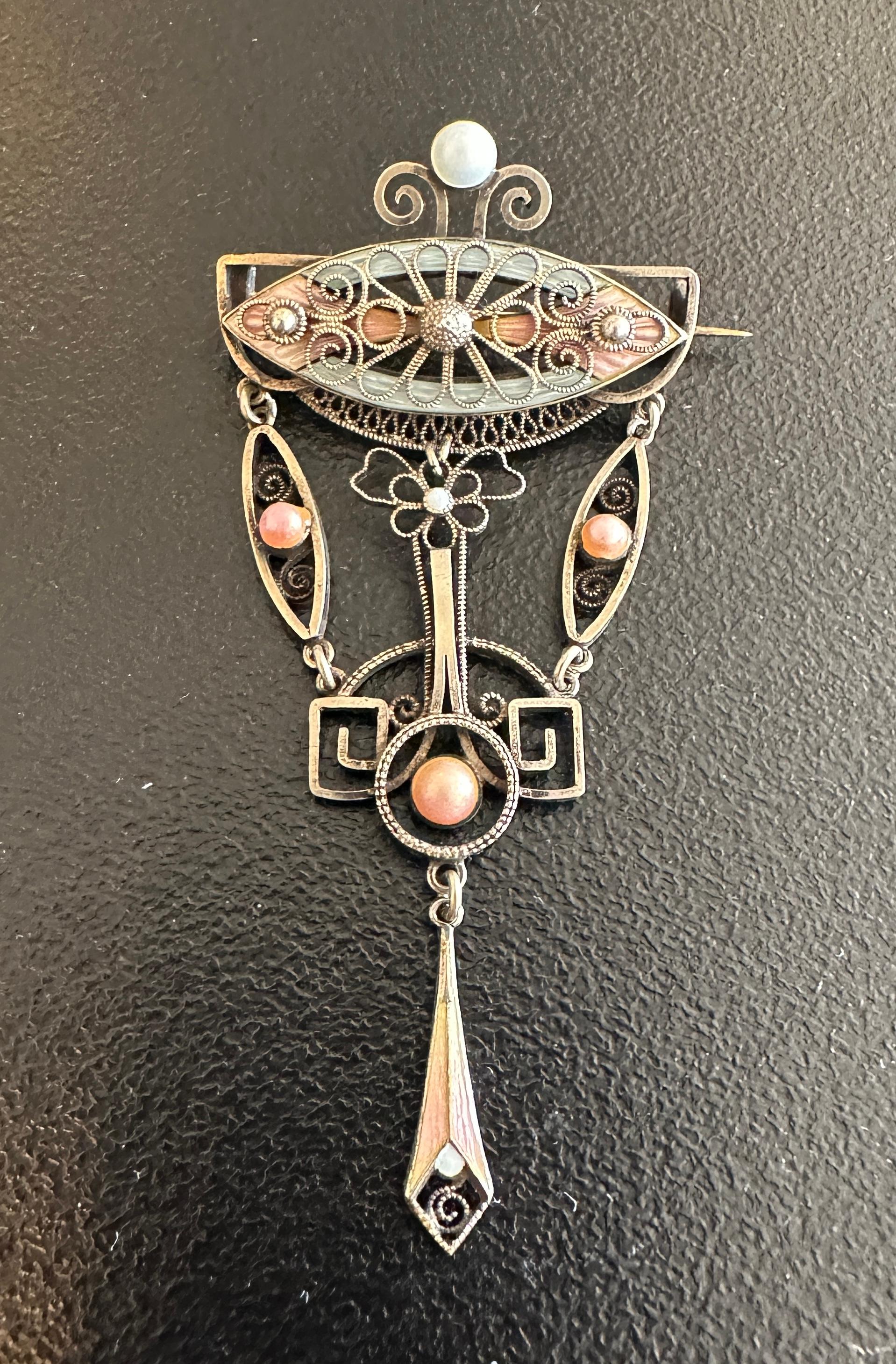 Art Deco Norwegian Guilloche Enamel Solje Brooch Norway Sterling Silver In Excellent Condition For Sale In New York, NY