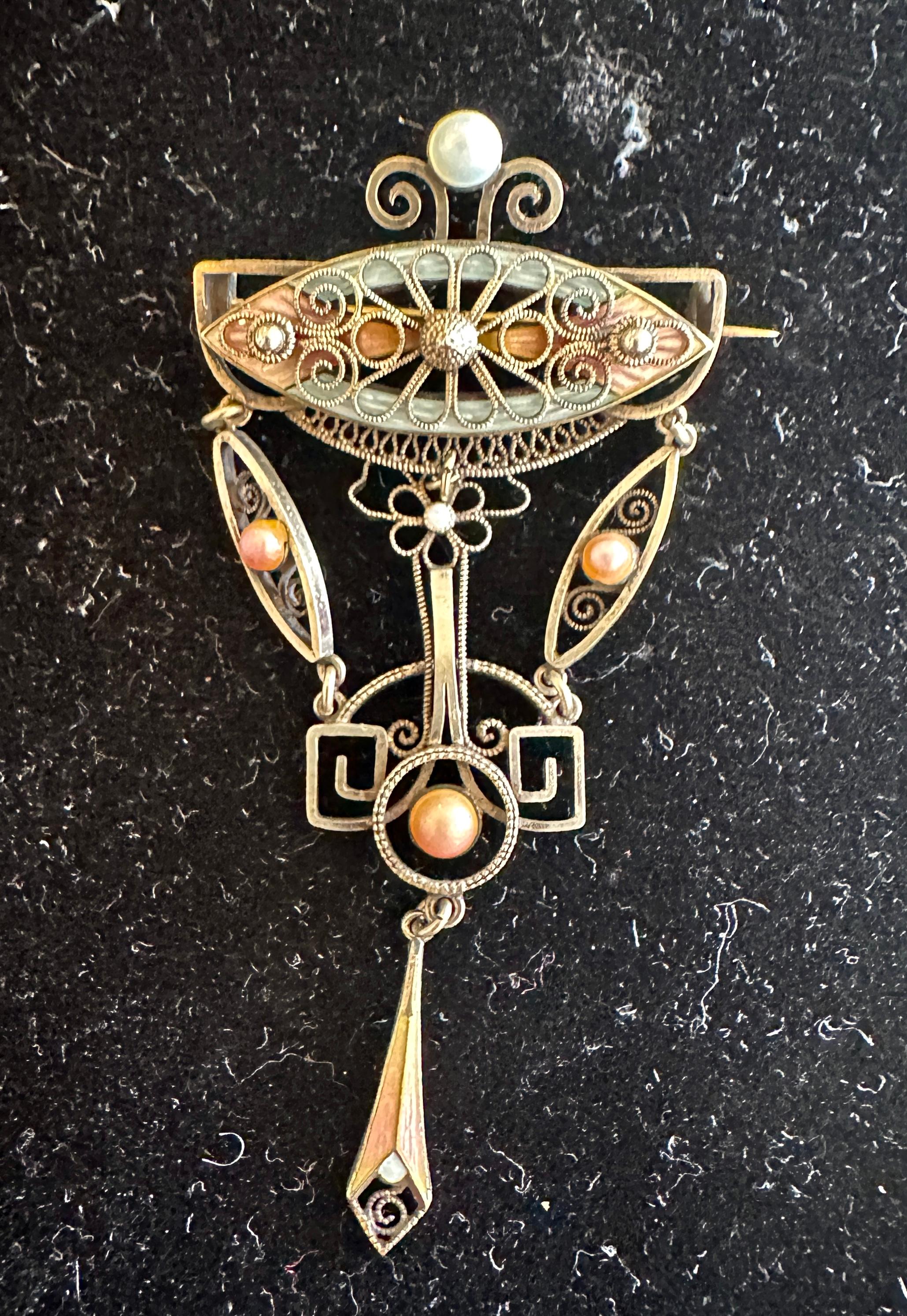 Women's Art Deco Norwegian Guilloche Enamel Solje Brooch Norway Sterling Silver For Sale