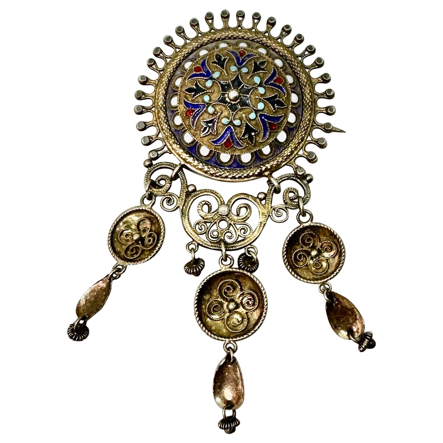 Art Deco Norwegische Solje-Brosche Seltene Guilloche-Emaille Norwegen Silber Circa 1900