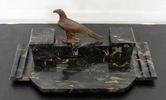 Art Deco Nouveau Bronze and Marble Bird Eagle Table Sculpture Dual Inkwell