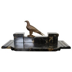 Art Deco Nouveau Bronze and Marble Bird Eagle Table Sculpture Dual Inkwell